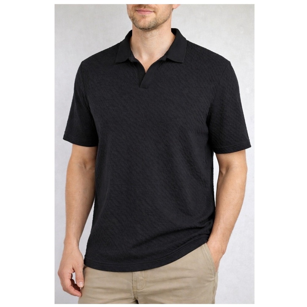 NWT Goodfellow Large Men's Short Sleeve V-Neck Collared Shirt  L Black‎ Stretchy